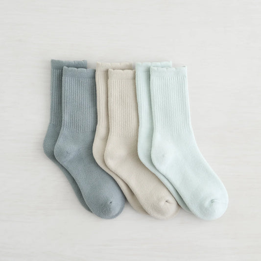 Lemon Scalloped Full Terry Crew Socks 3 Pack Pastel Grey