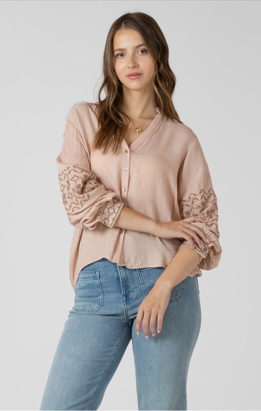 Dex Embroidered Button Up Blouse Rose Glow