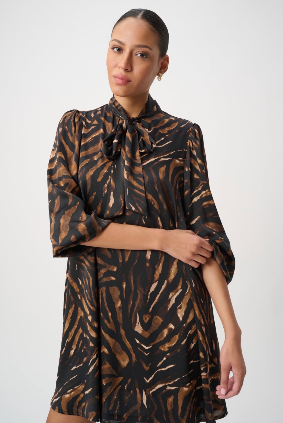 Joseph Ribkoff Animal Print Tie-Neck Trapeze Dress 264139