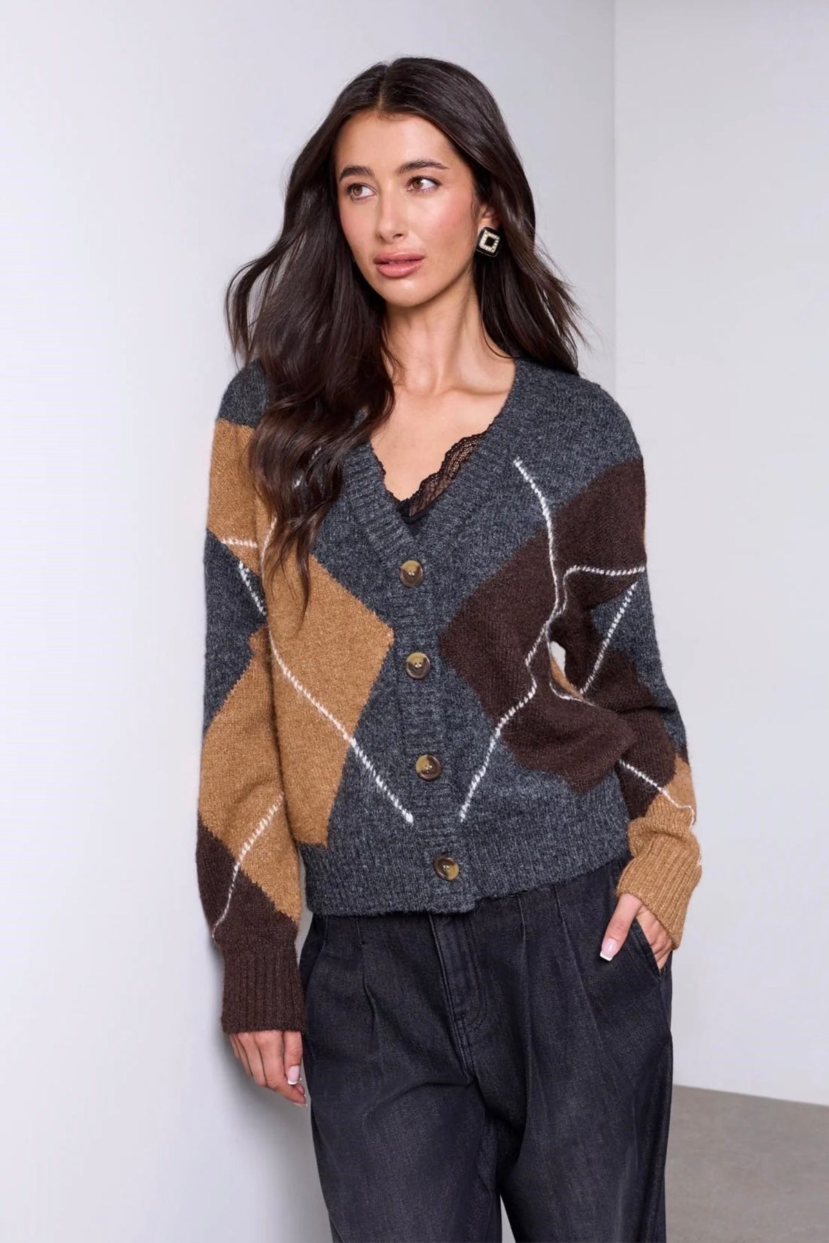 Tribal Blue Thread Diamond Pattern Knit Cardigan