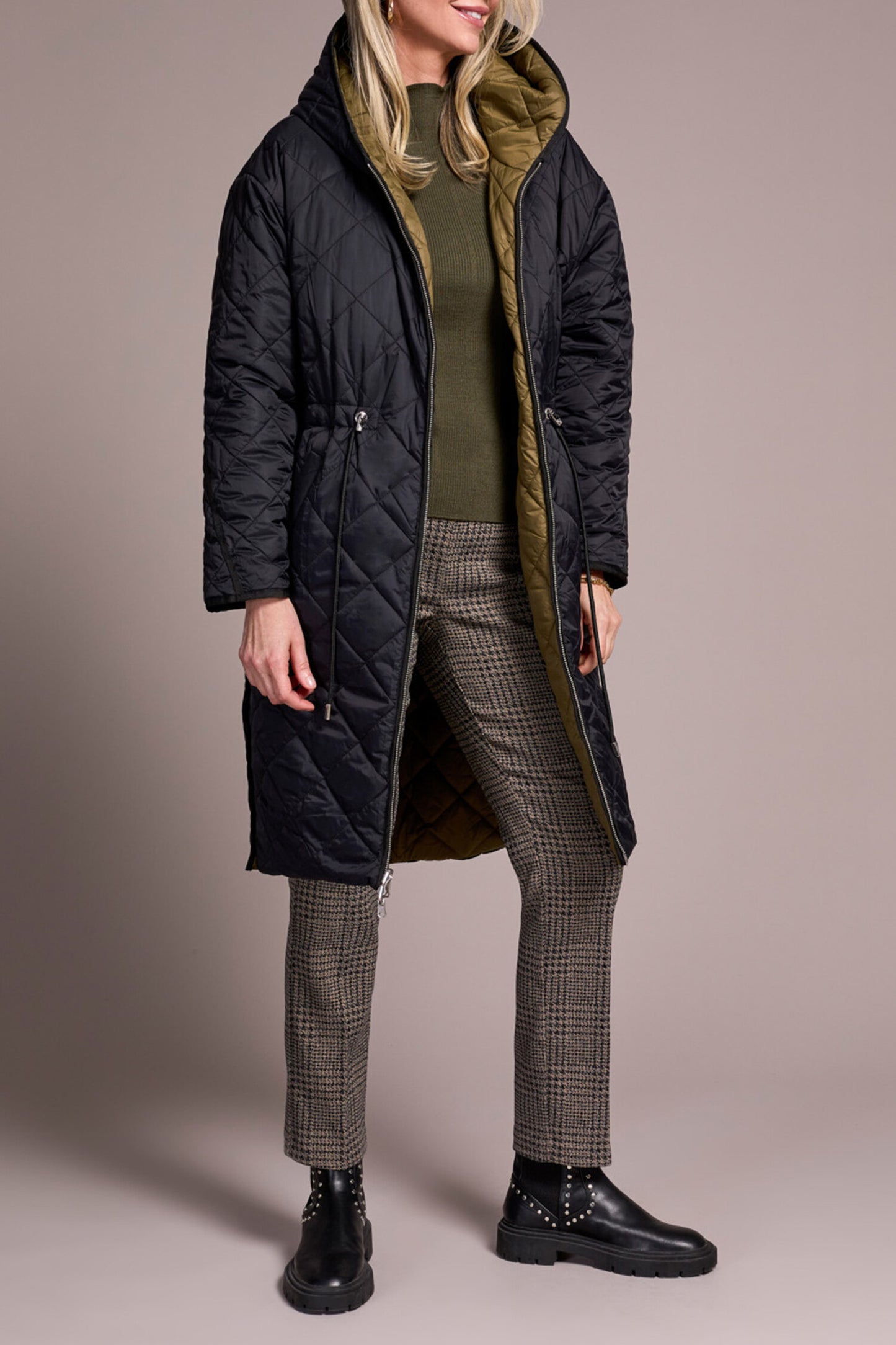 Tribal Long Sleeve Zip-Front Reversible Puffer Jacket with Hood