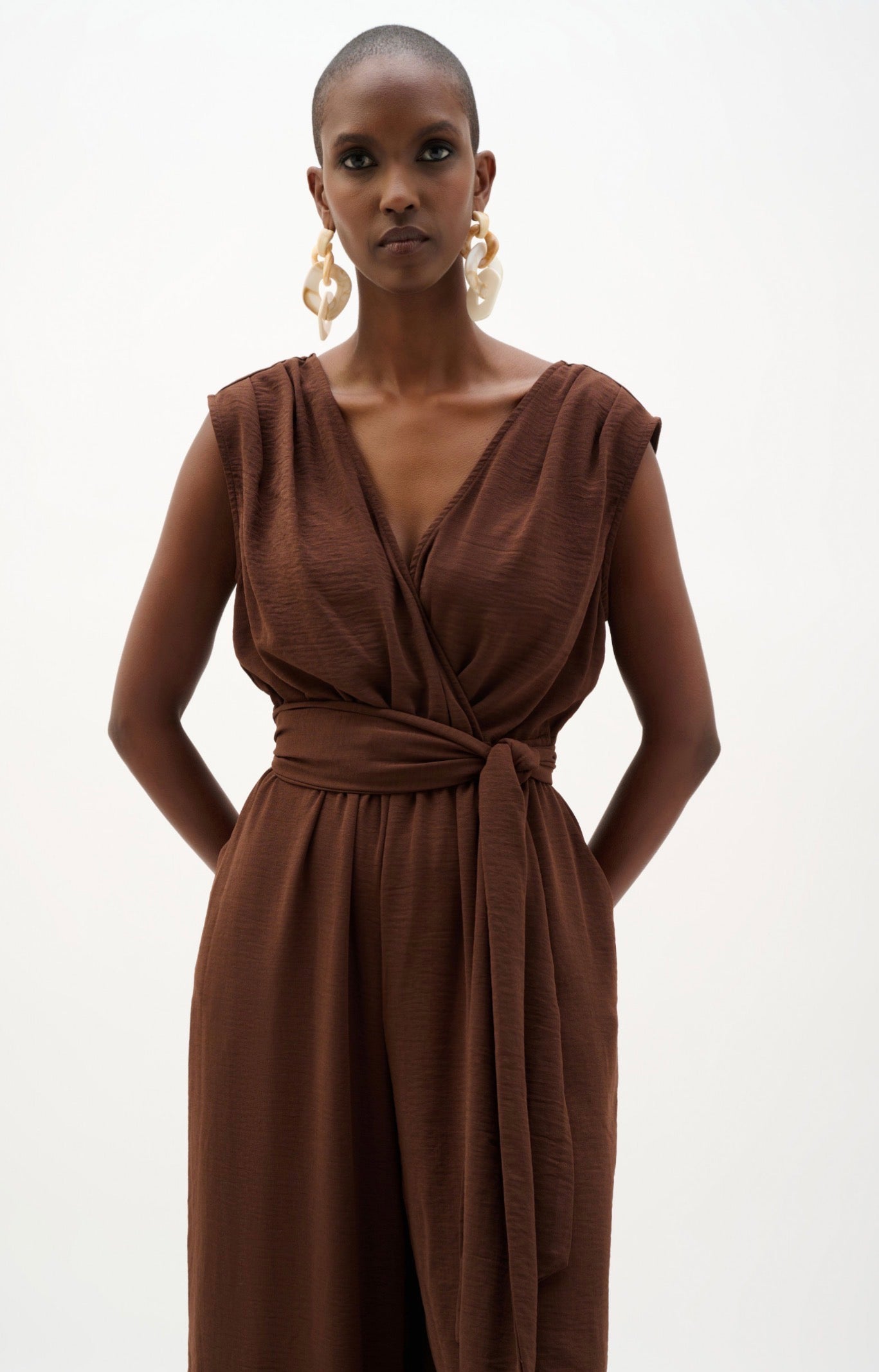 Joseph Ribkoff Woven Gauze Wide Leg Pull-On Jumpsuit Mahogany 262104