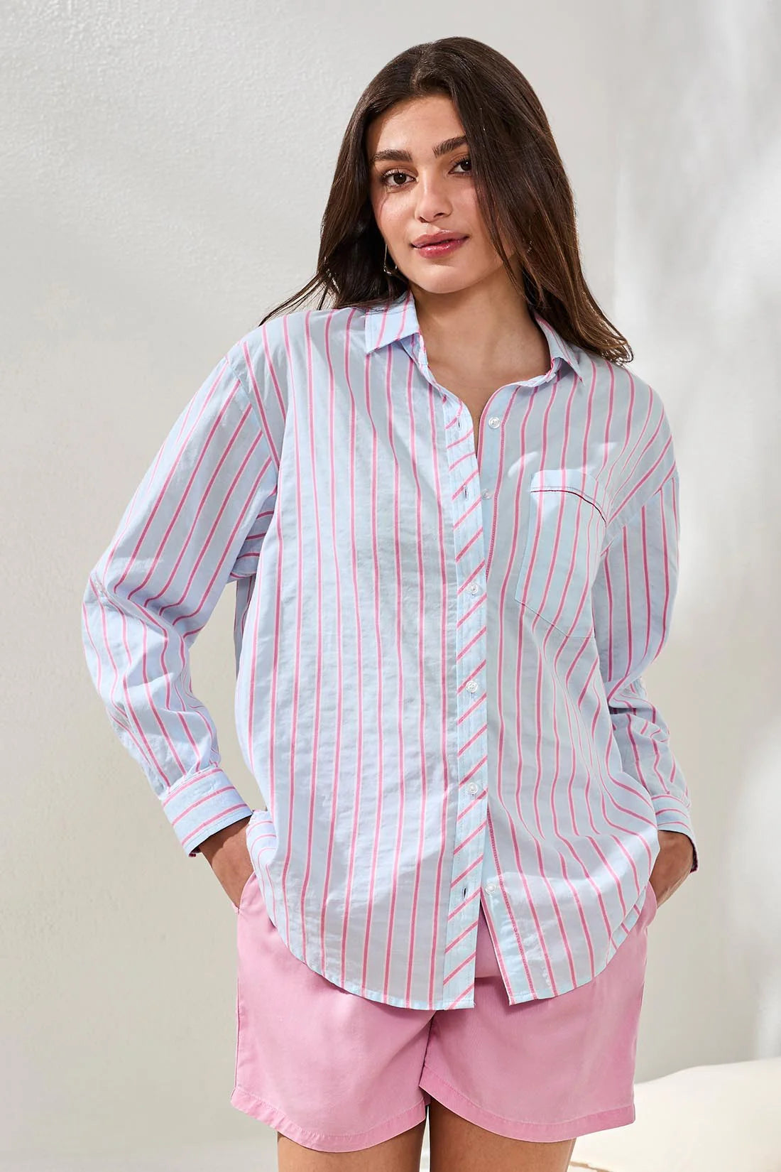 Tribal Poplin Double Stripe Button Up Shirt