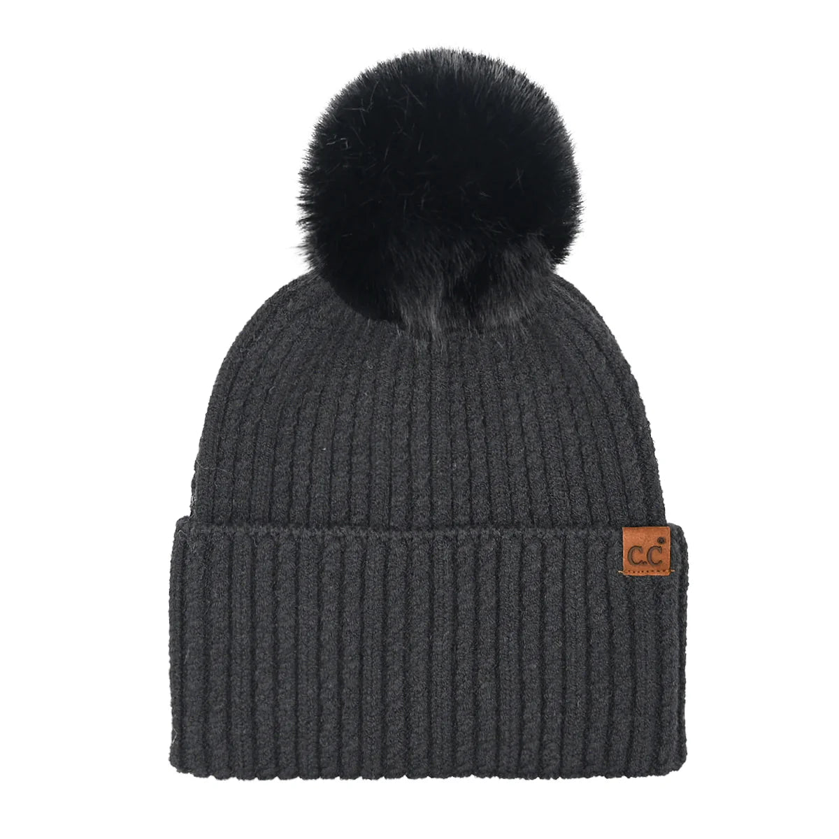 C.C Cable Cuff Pom Beanie Black