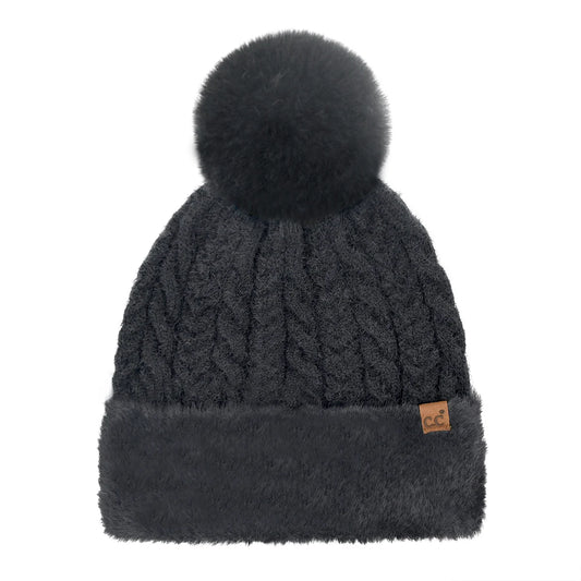 C.C Cable Knit Fuzzy Pom Beanie Black