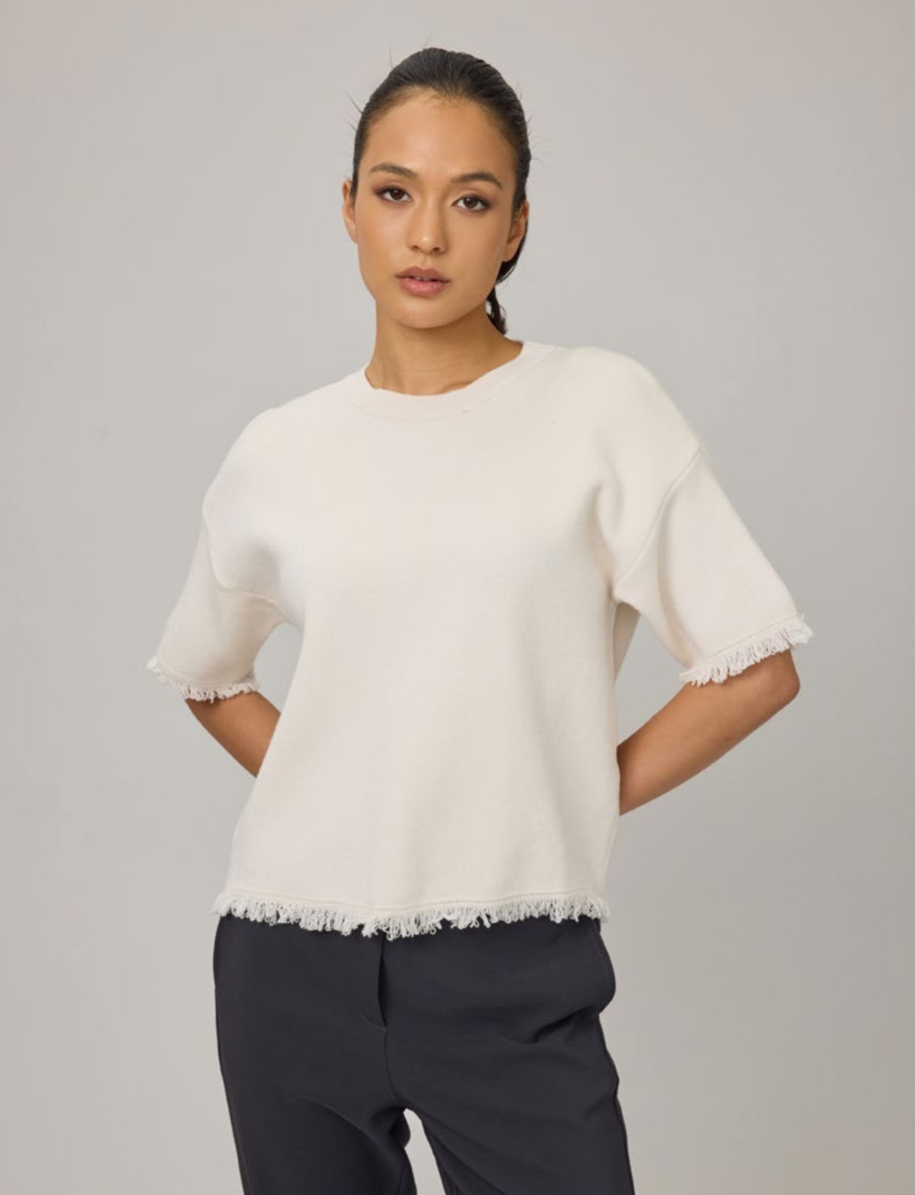 Pistache Fringe Detail Knit Sweater Cream