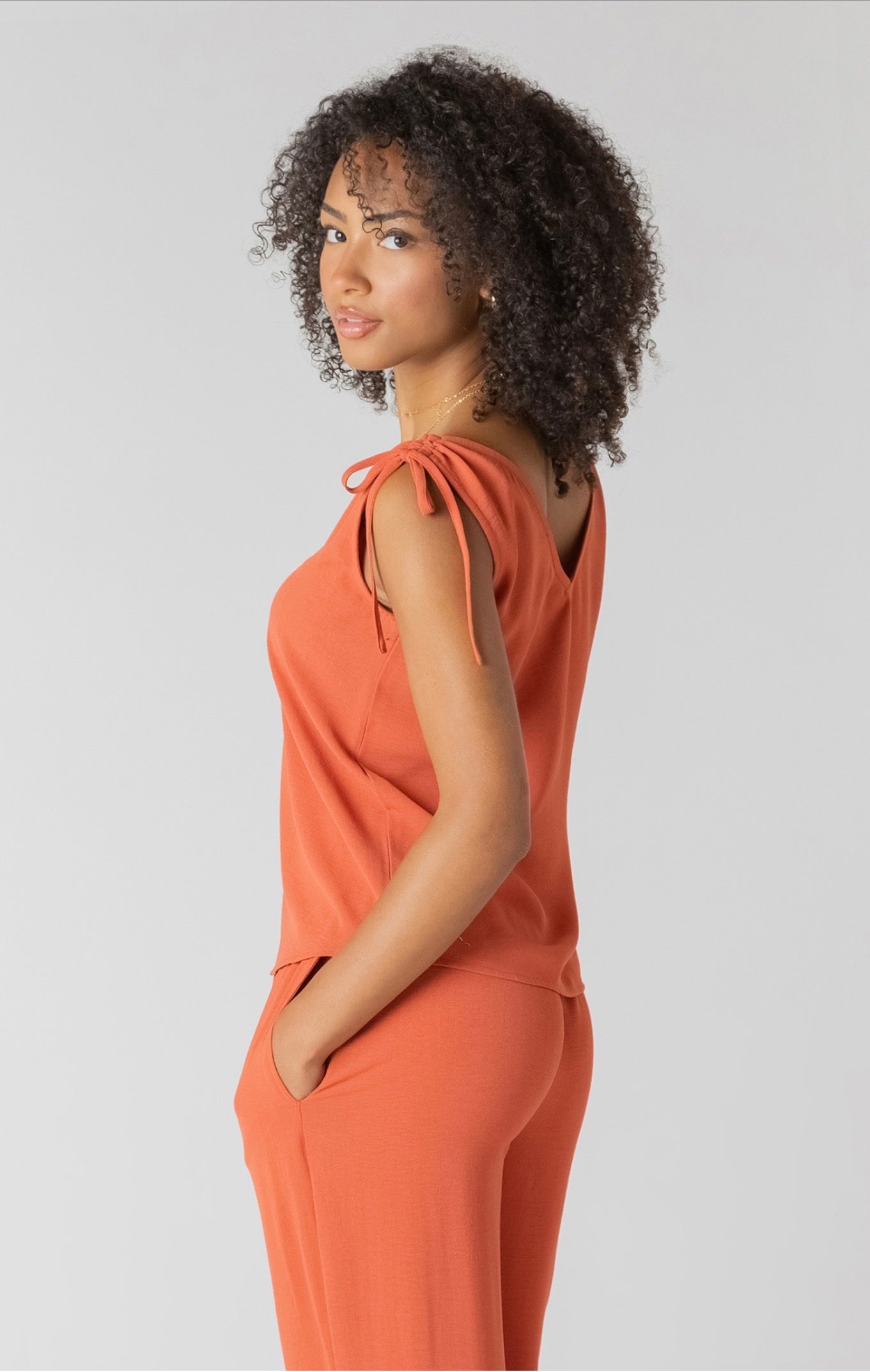 Room 34 V-Neck Tie Shoulder Top Copper