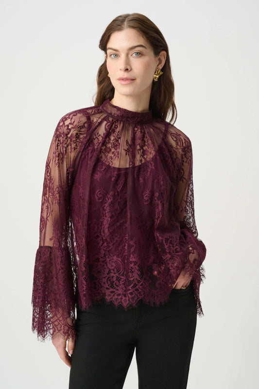 Joseph Ribkoff Scalloped Lace Trapeze Top Elderberry 264098