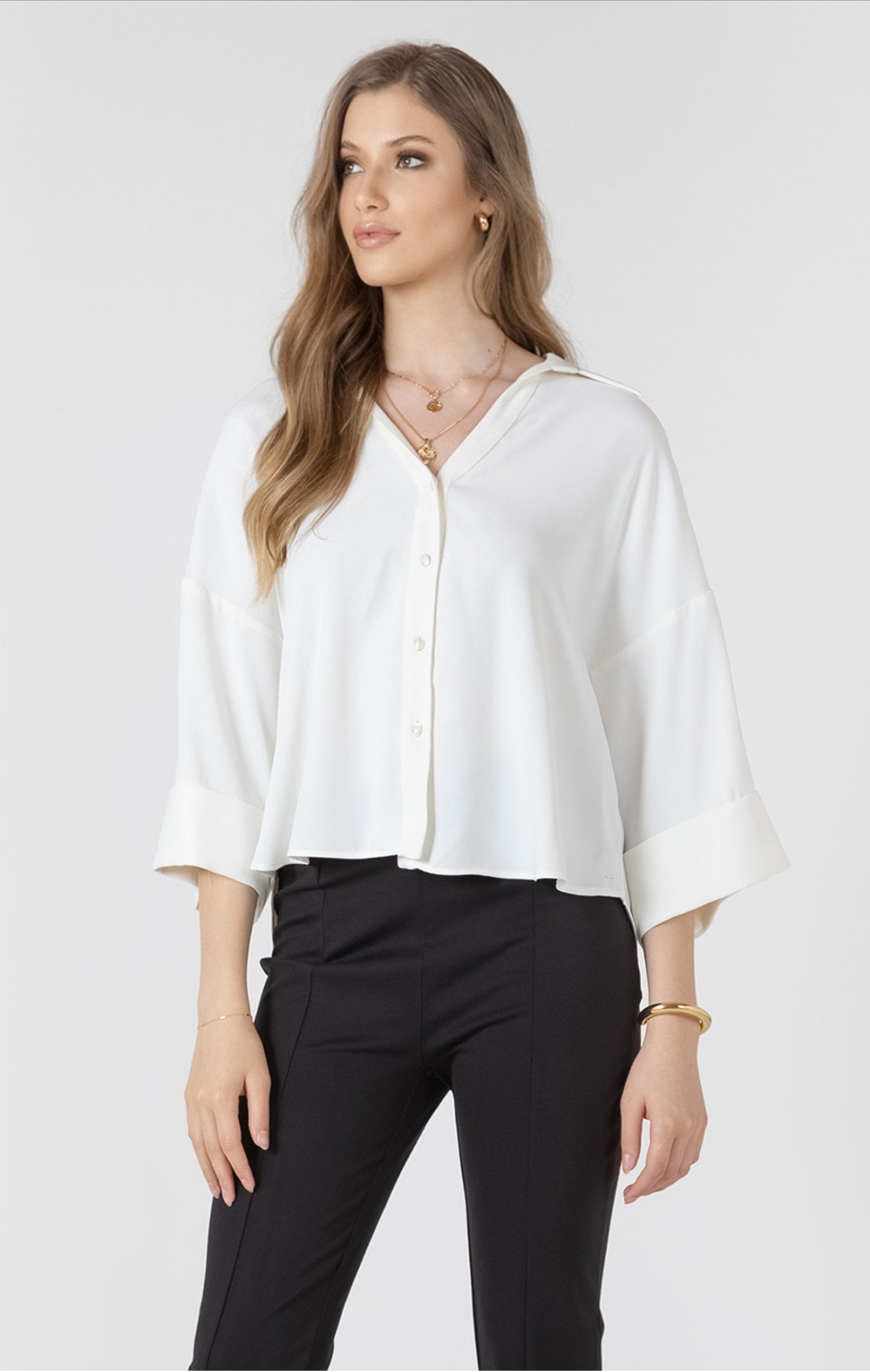 Black Tape Cuffed Button Front Blouse