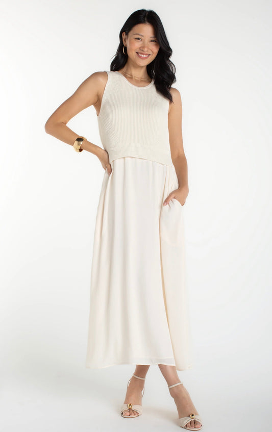 Liverpool Sleeveless Tie Back Sweater Woven Dress Cream