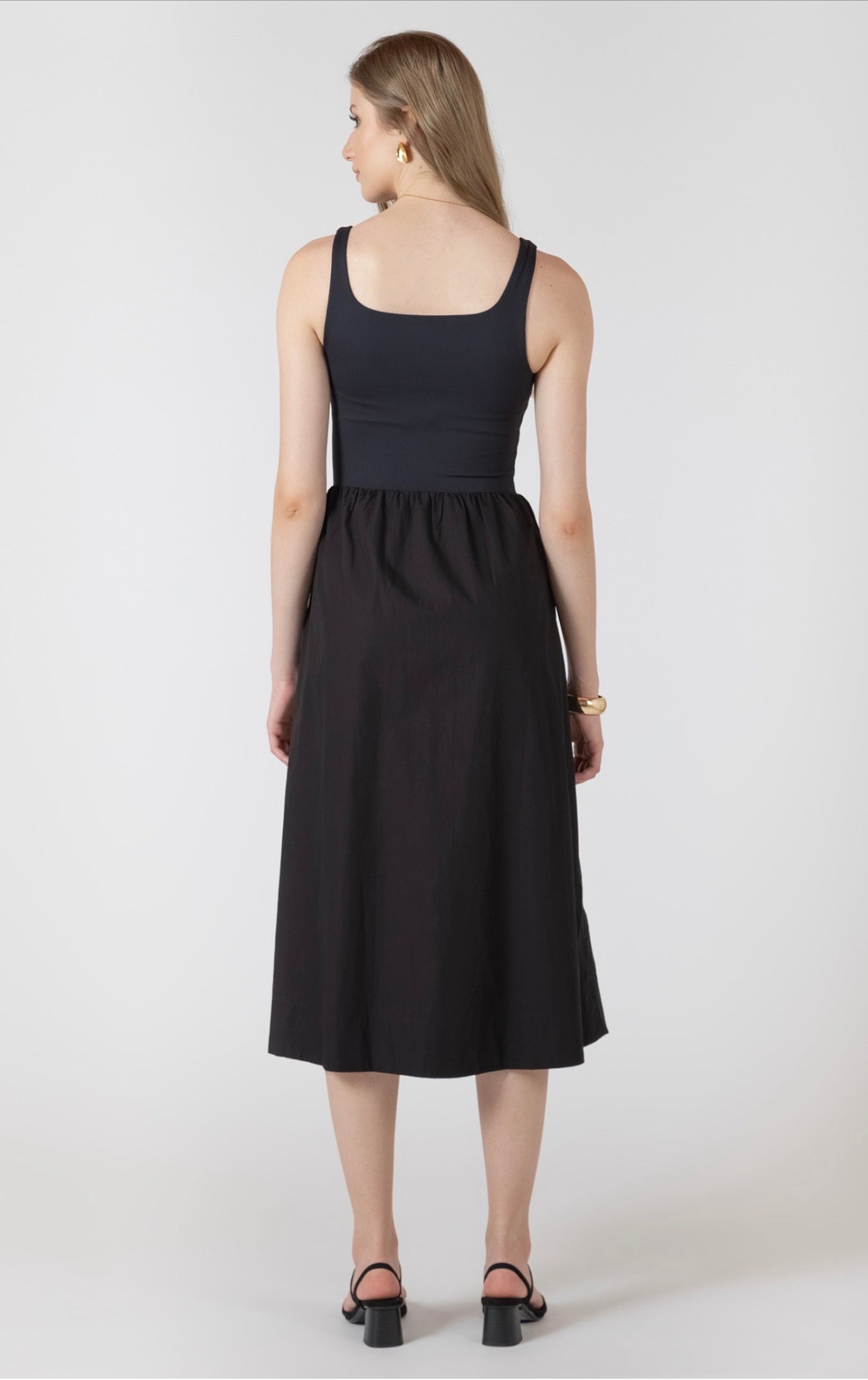 Black Tape Mixed Fabric Midi Dress Black