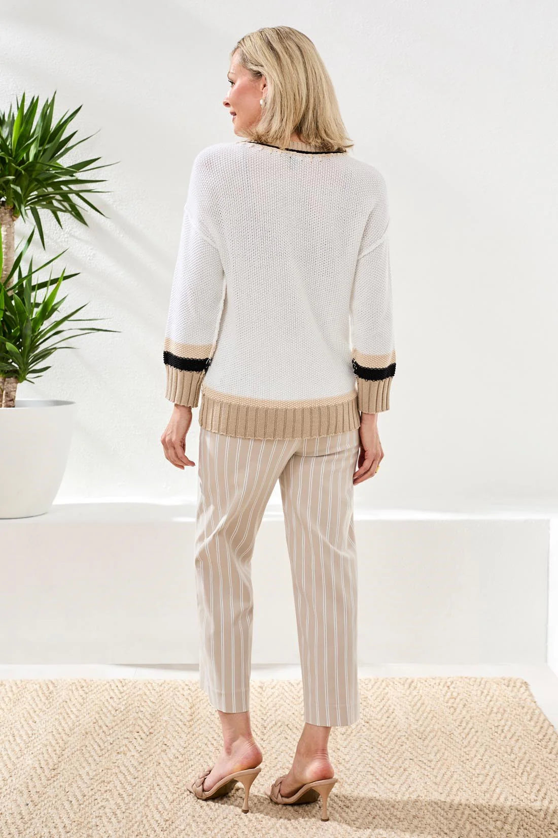 Tribal Contrast Stitch Cotton Sweater White