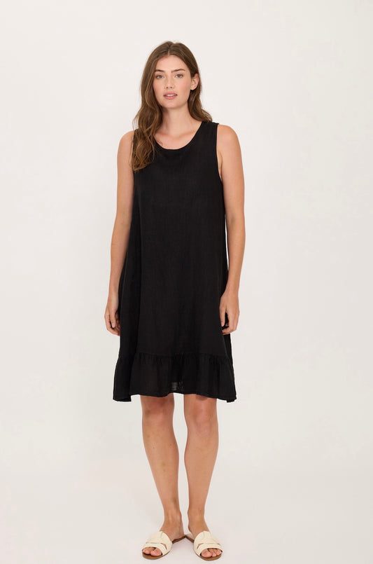 Pistache Linen Sleeveless Tie Back Dress Black