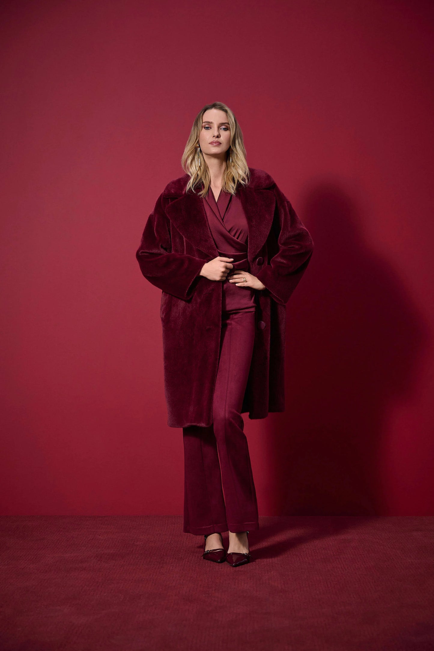 Joseph Ribkoff Faux Fur Straight Coat Merlot 243902F25
