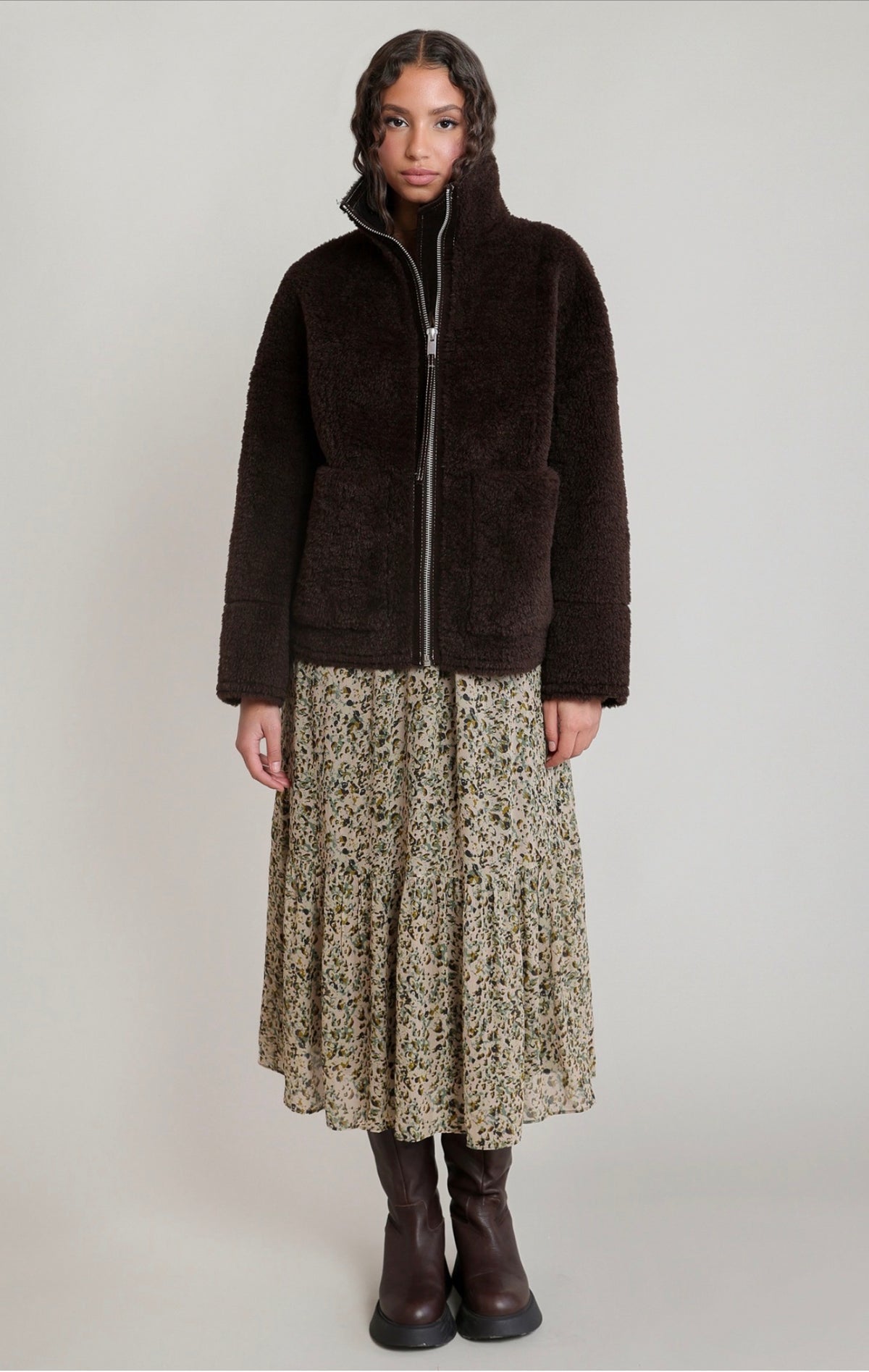 Dex Faux Shearling Jacket Dark Brown