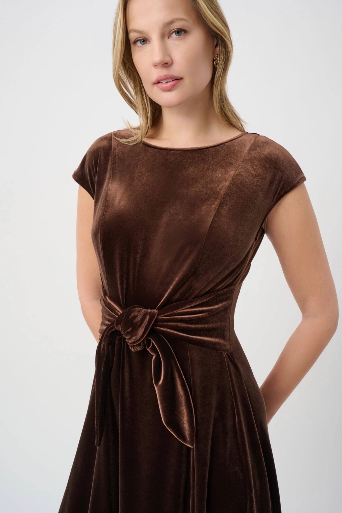Joseph Ribkoff Velvet Fit & Flare Belted Dress Mahogany 264209