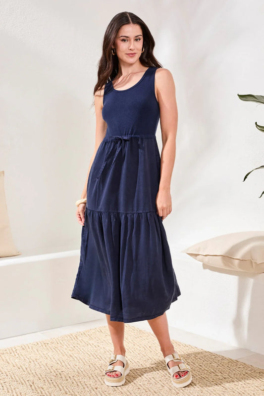 Tribal Tiered Tie Waist Maxi Dress Nautical