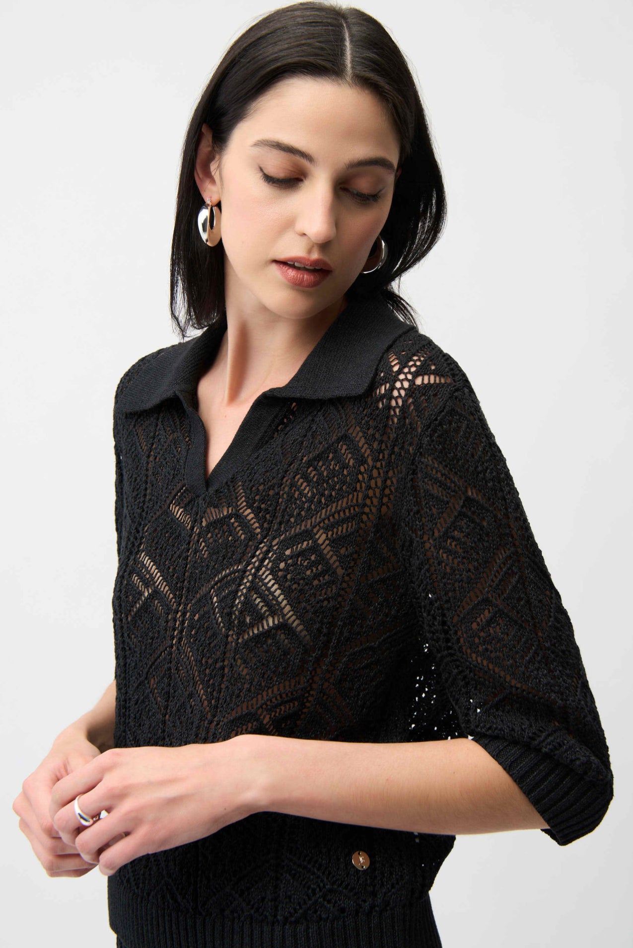 Joseph Ribkoff Cotton Blend Open Stitch Sweater with Polo Collar 261929