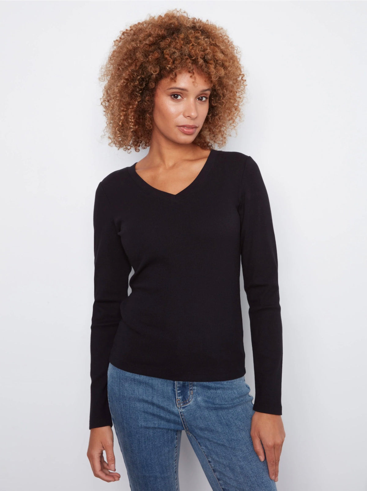 Charlie B Ribbed V-Neck Top Black