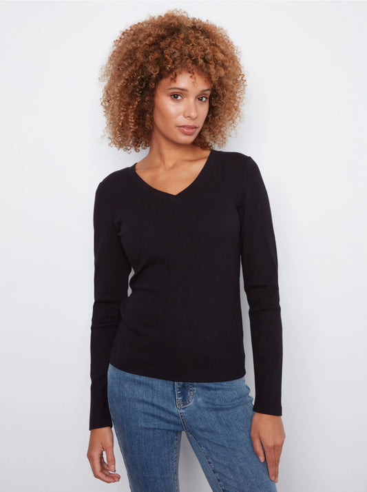 Charlie B Ribbed V-Neck Top Black