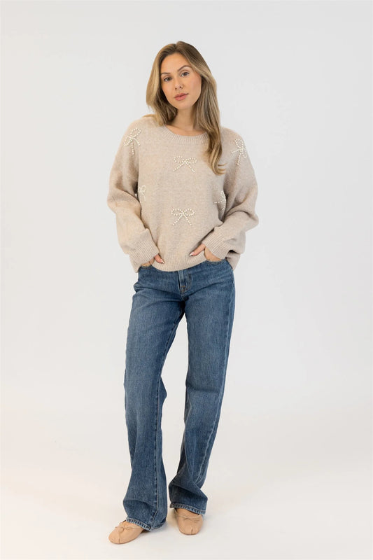 Lyla & Luxe Bows Sweater Beige