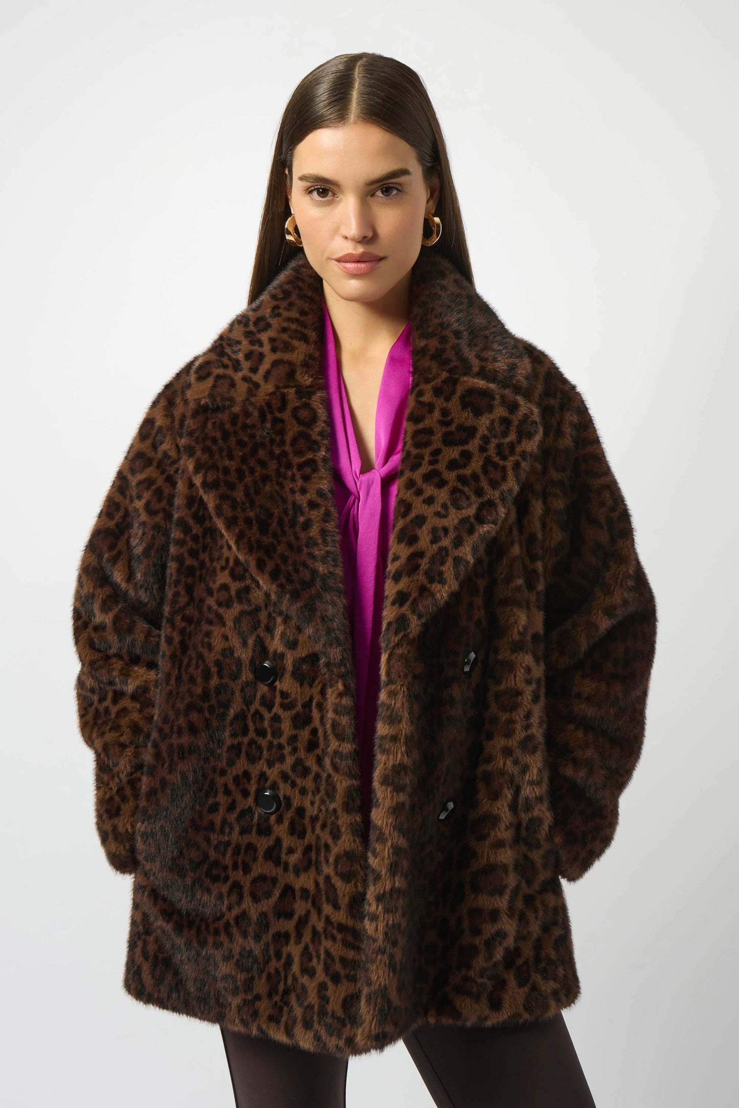 Joseph Ribkoff Faux Fur Leopard Print Double-Breasted Coat 253937