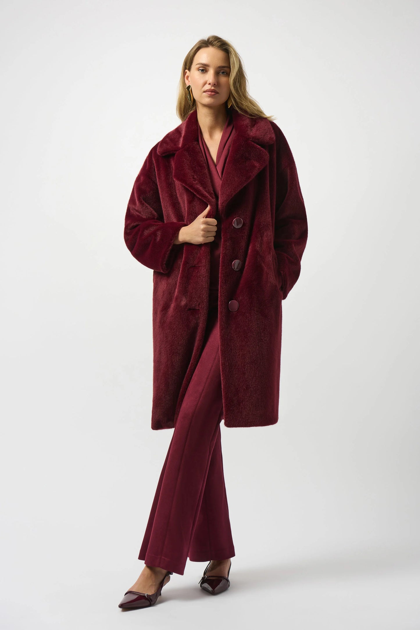 Joseph Ribkoff Faux Fur Straight Coat Merlot 243902F25