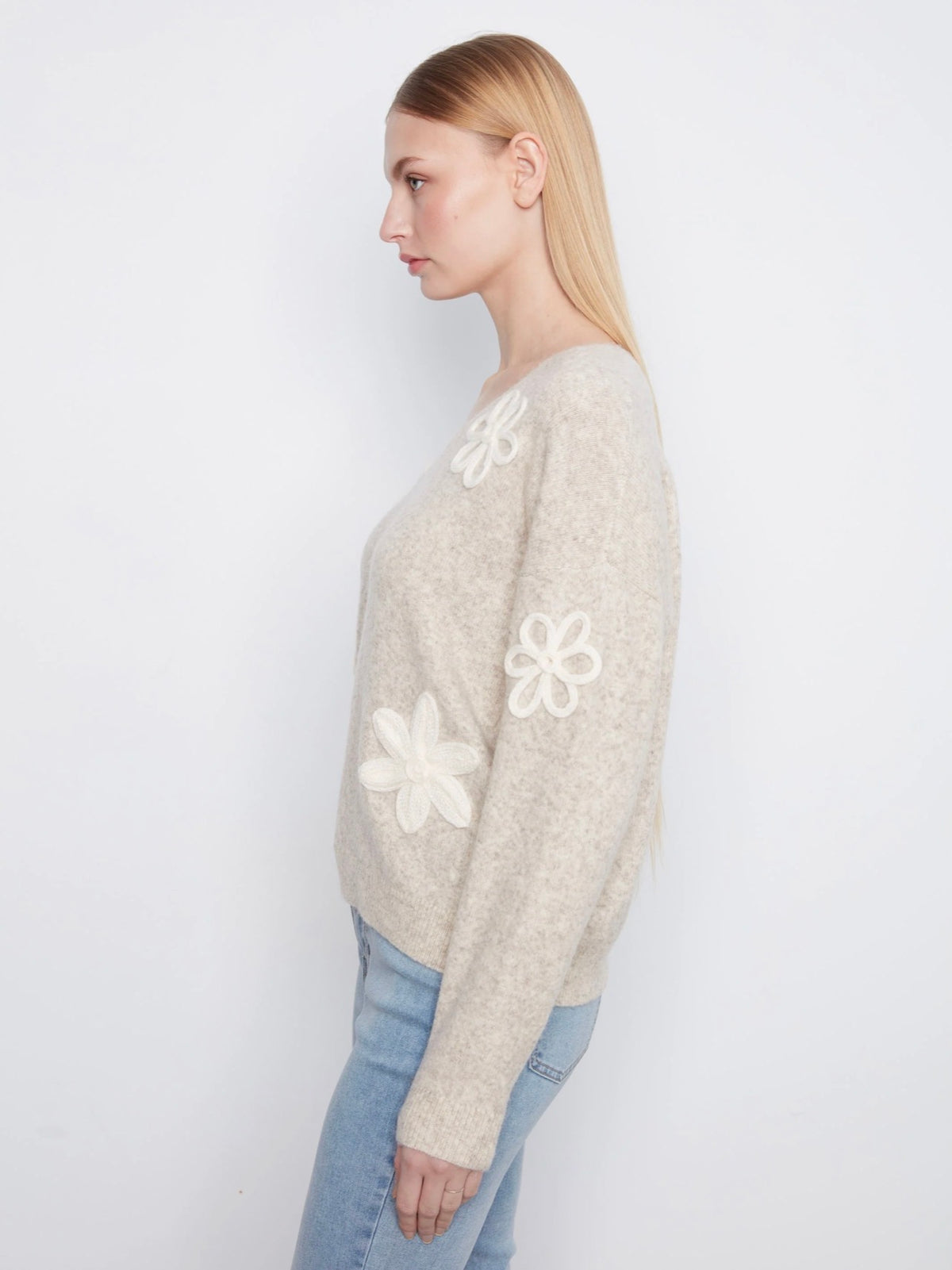 Charlie B Floral Appliqué V- Neck Sweater