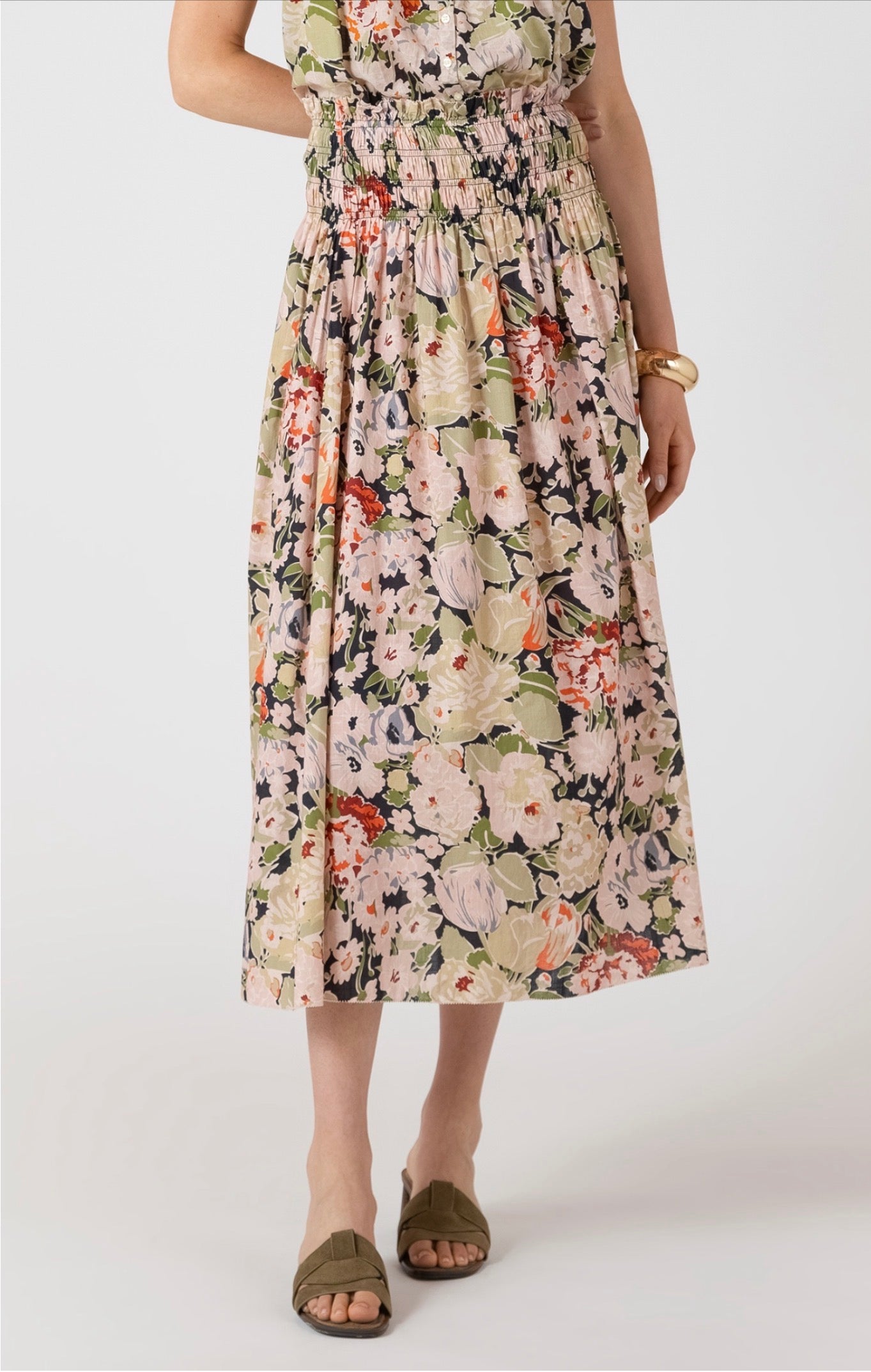 Dex Vintage Rose Smocked Waist Midi Skirt