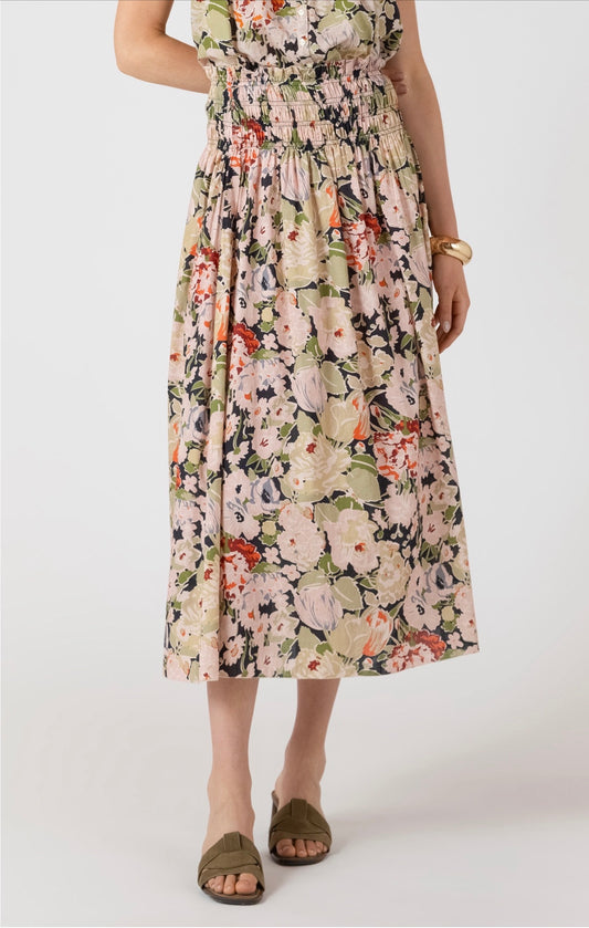 Dex Vintage Rose Smocked Waist Midi Skirt