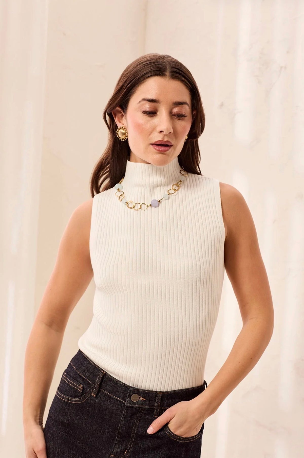 Tribal Ribbed Funnel Neck Tank Cream