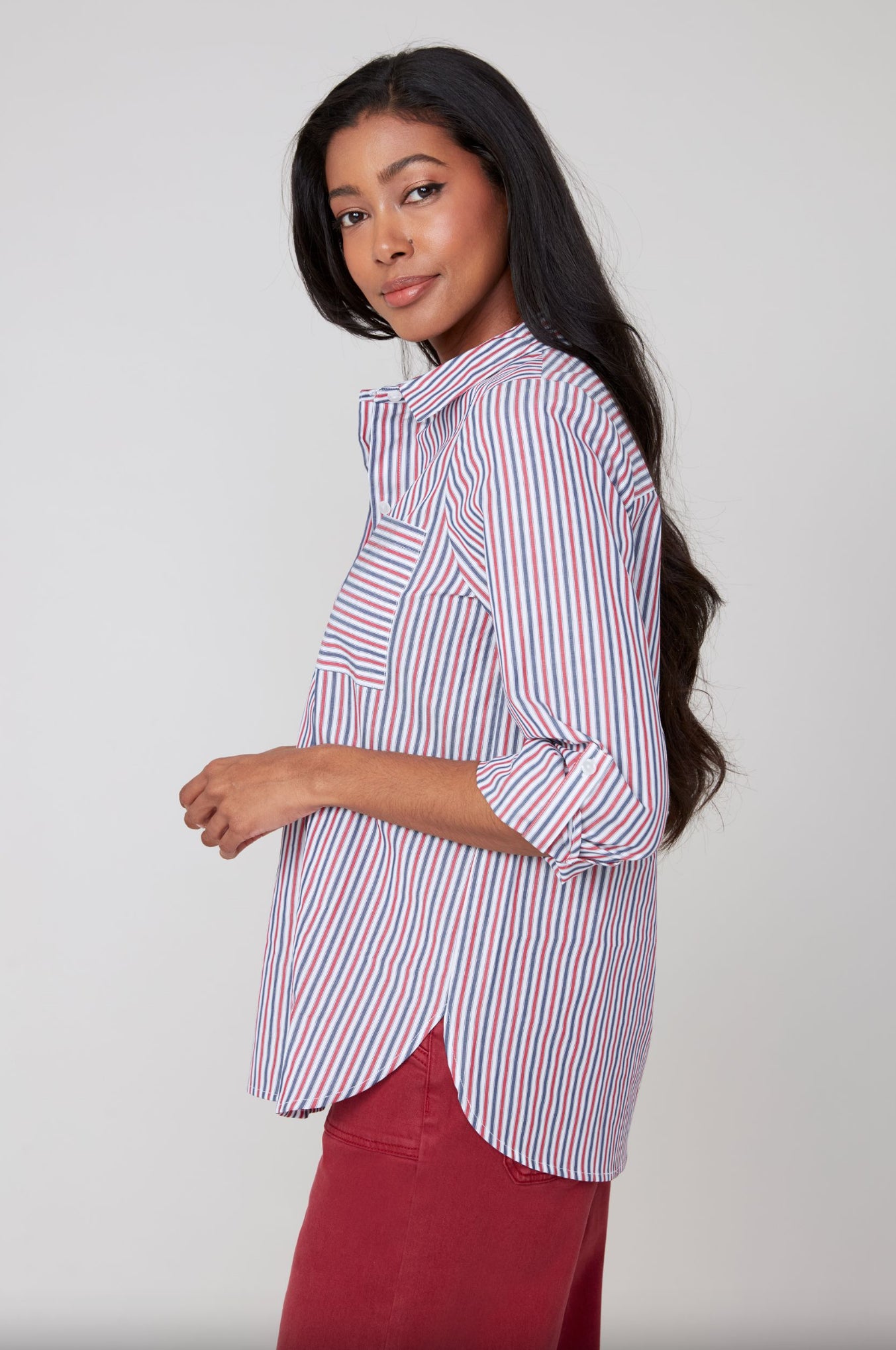 Renuar Striped Button Up Top