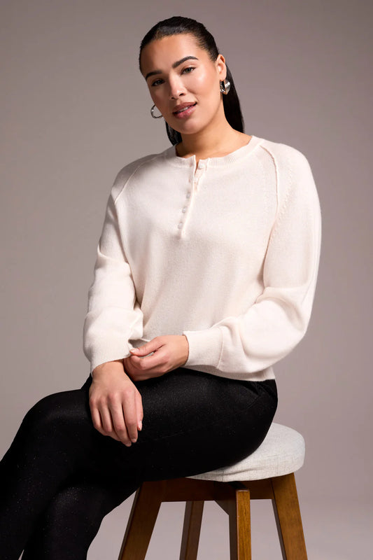 SIGNATURE CASHMERE RAGLAN PUFF SLEEVE HENLEY SWEATER
