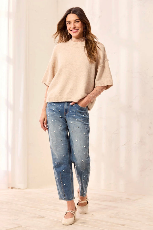 Tribal Elbow Sleeve Crewneck Sweater Cream