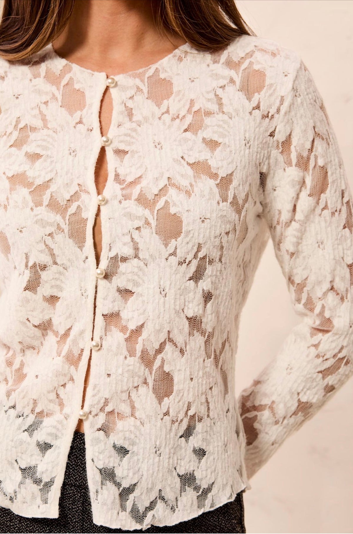 Tribal Button Front Lace Cardigan Cream