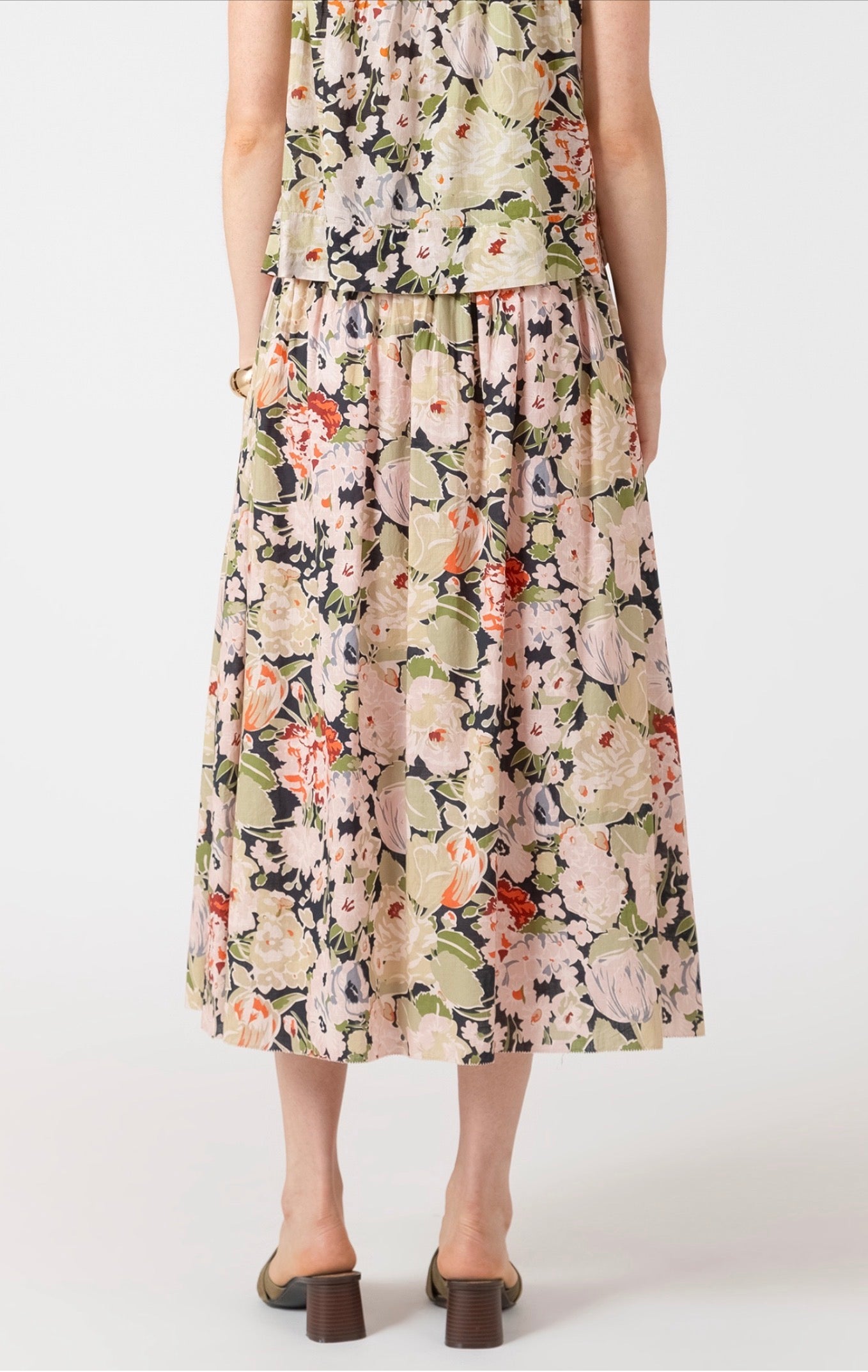 Dex Vintage Rose Smocked Waist Midi Skirt