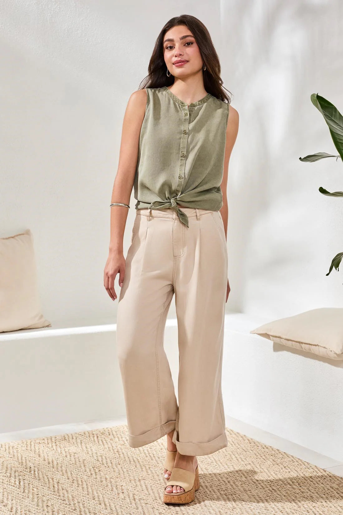 Tribal Brooke Flowy Tencel Pleated Wide Leg Pants