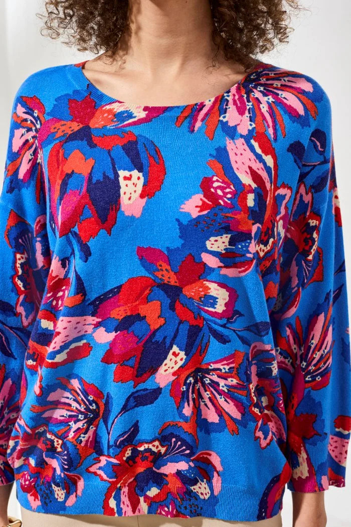 Tribal Printed 3/4 Sleeve Crewneck Sweater Sea