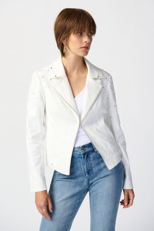 Joseph Ribkoff Studded Foiled Suede Jacket with Floral Appliqué 241904