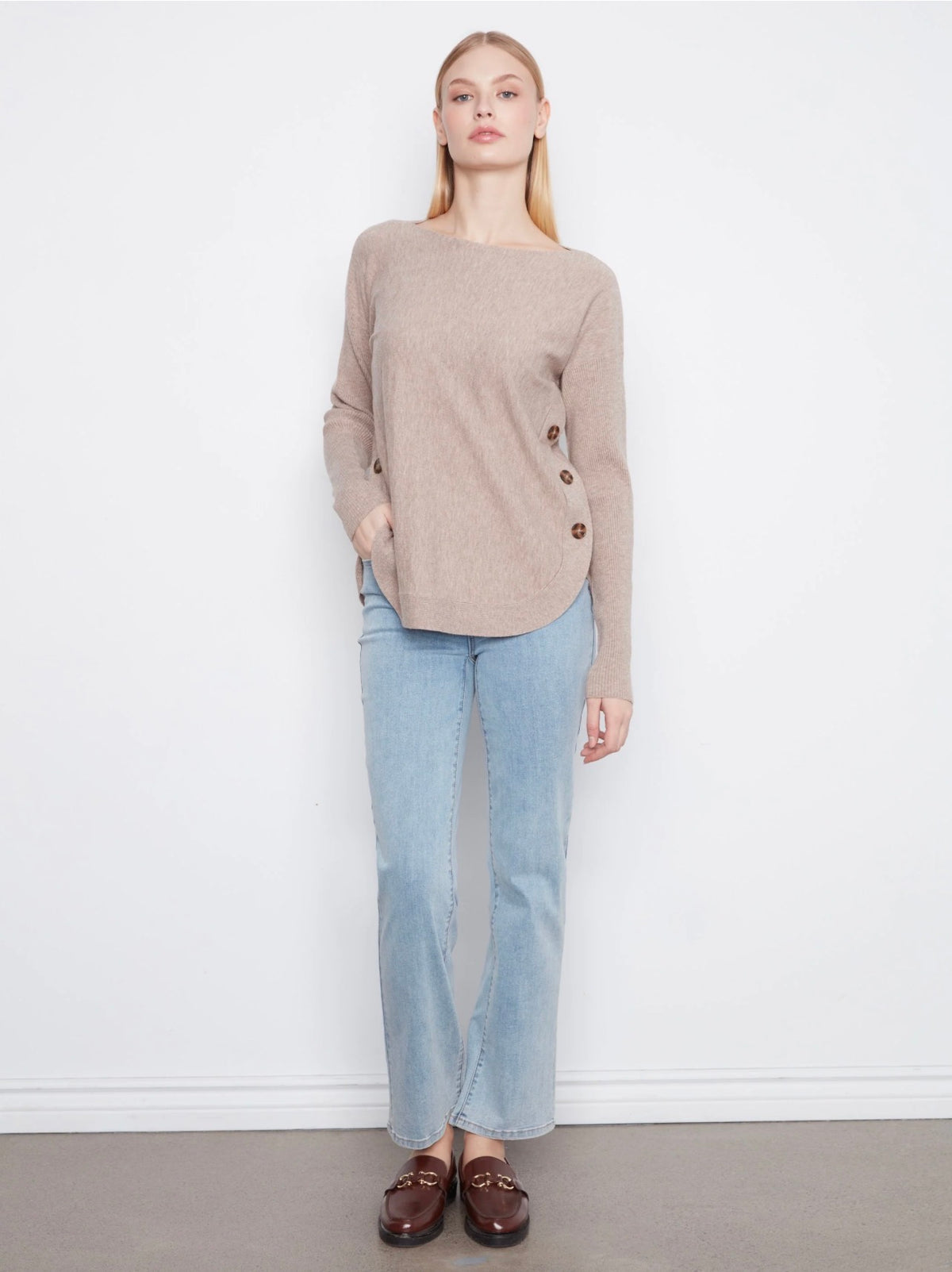 Charlie B Boat Neck Side Button Sweater