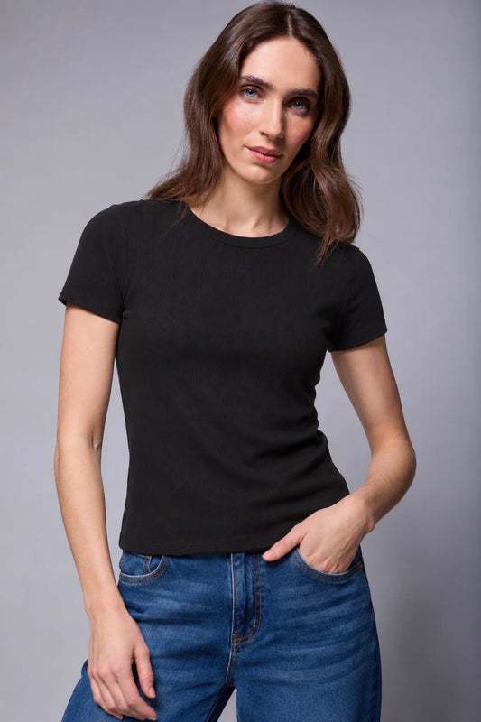 Tribal Blue Thread Cotton Ribbed Tee Black
