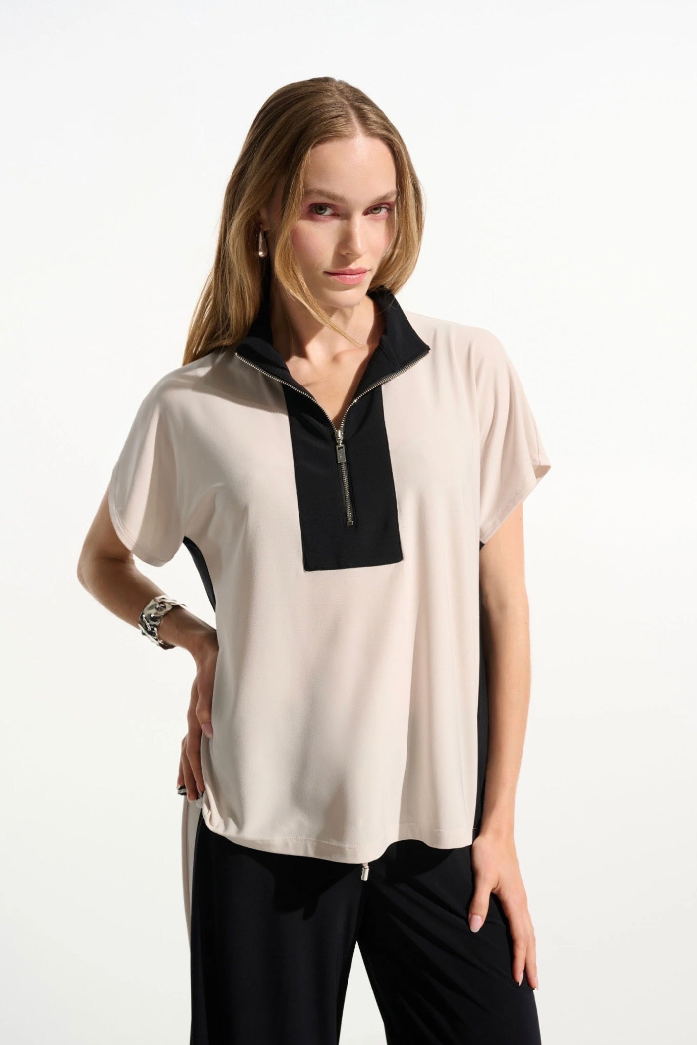 Joseph Ribkoff Silky Knit Color Block Straight Top With Zipped Collar 261611