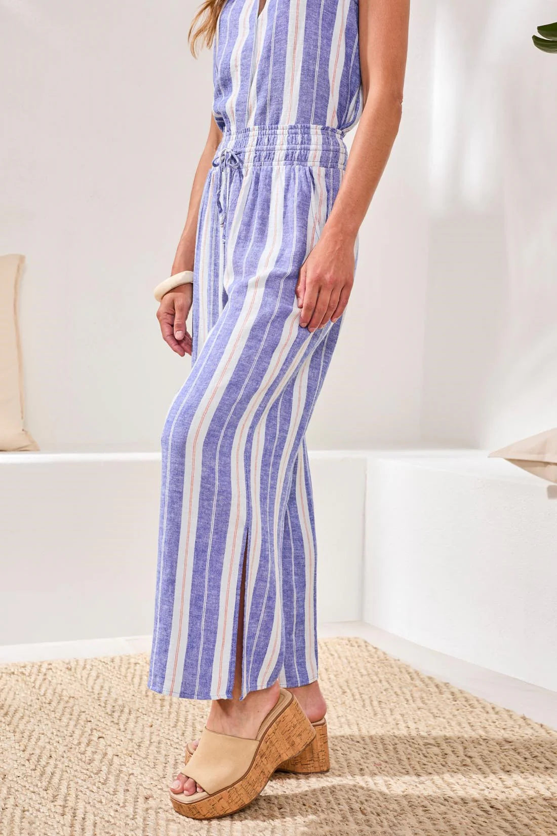 Tribal Linen Flowy Wide Leg Stripe Pants
