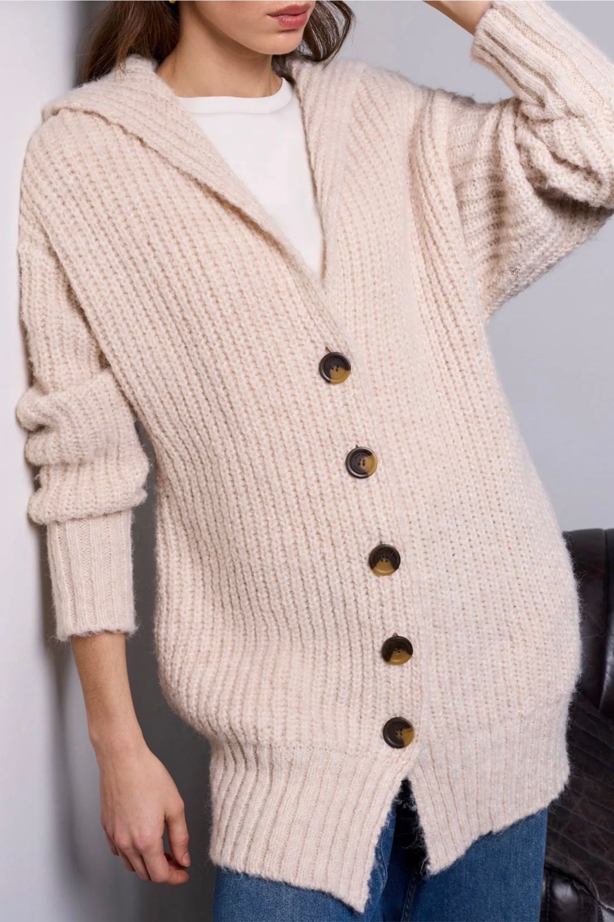 Tribal Blue Thread Oversized Knit Cardigan Cream