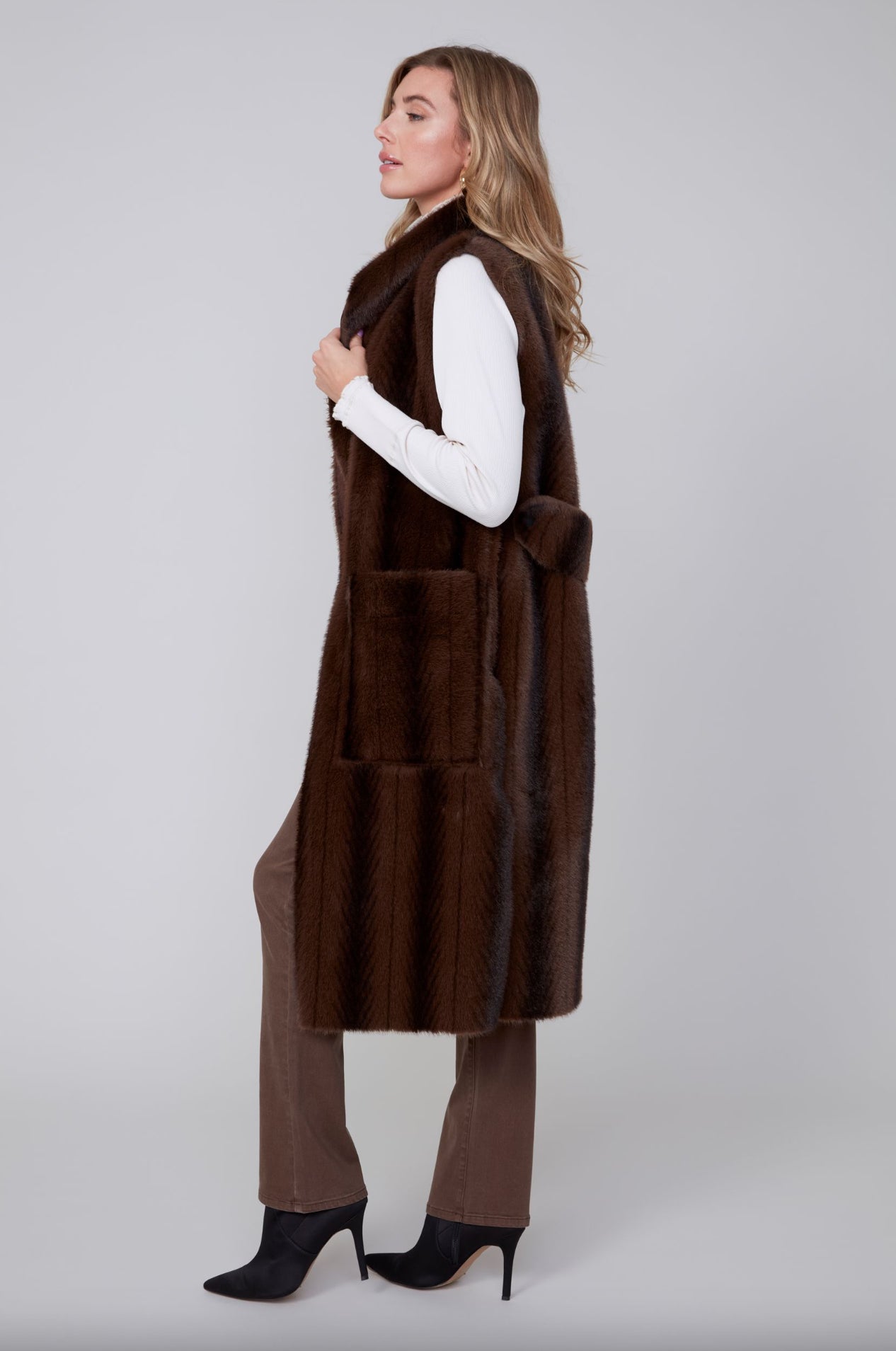 Renuar Long Faux Fur Vest Chocolate