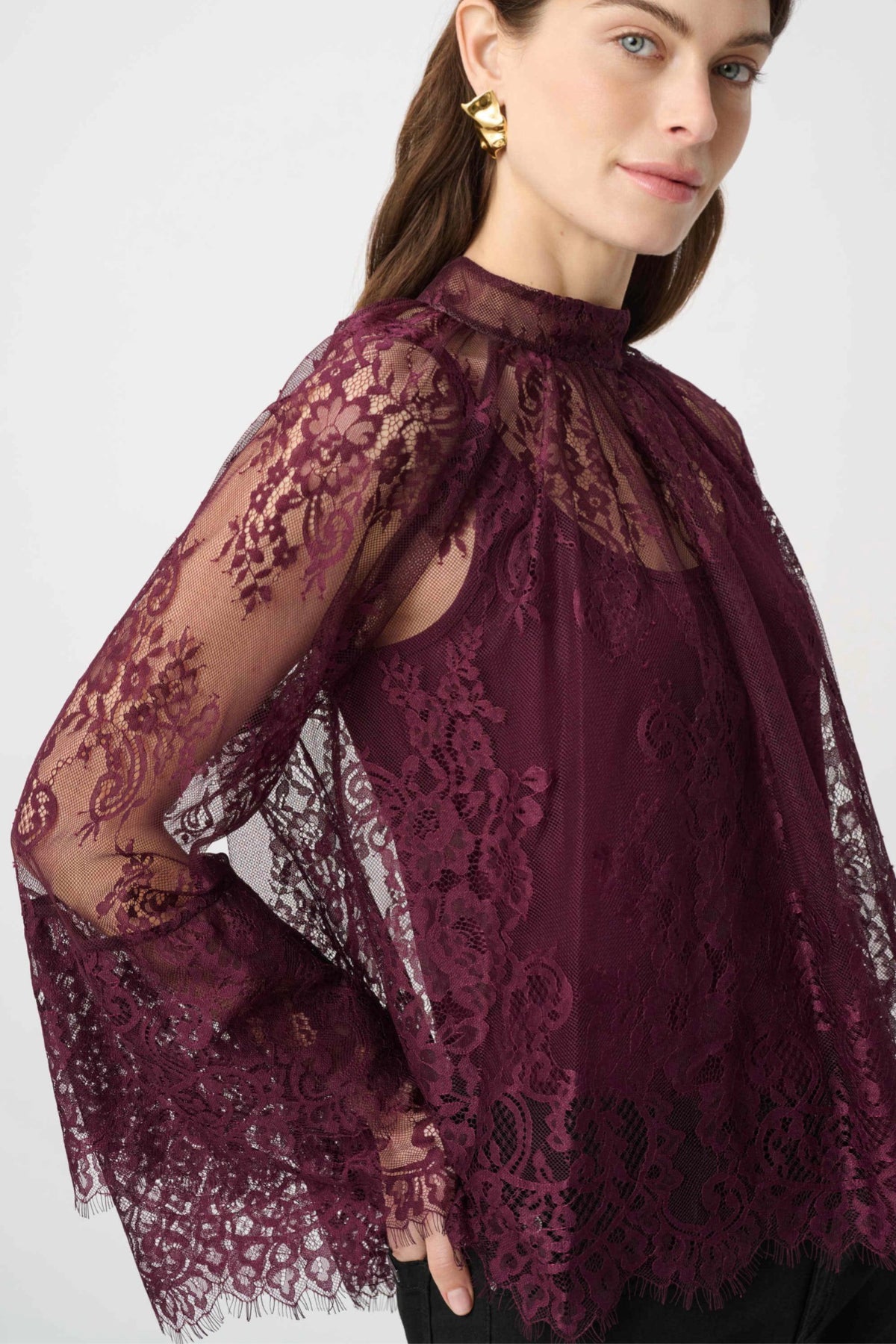 Joseph Ribkoff Scalloped Lace Trapeze Top Elderberry 264098