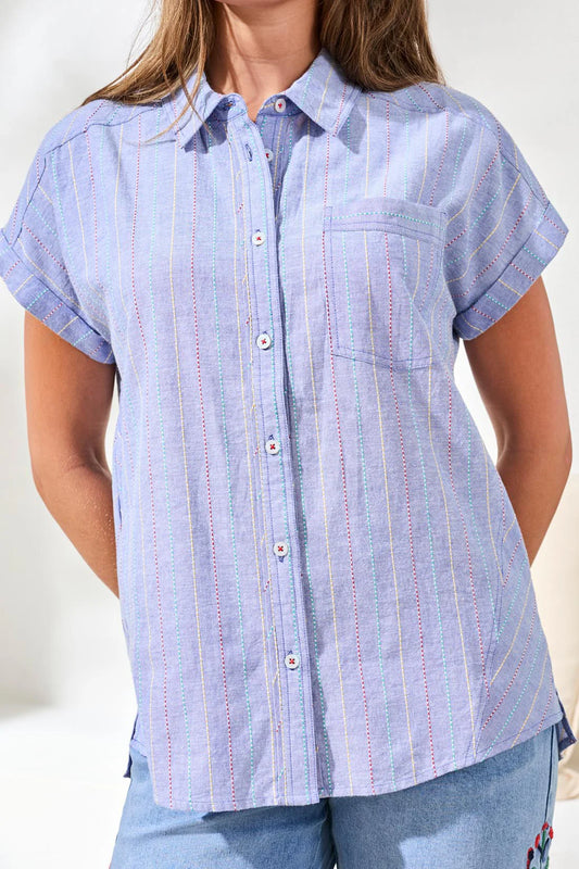 Tribal Cap Sleeve U-Hem Button Up Shirt