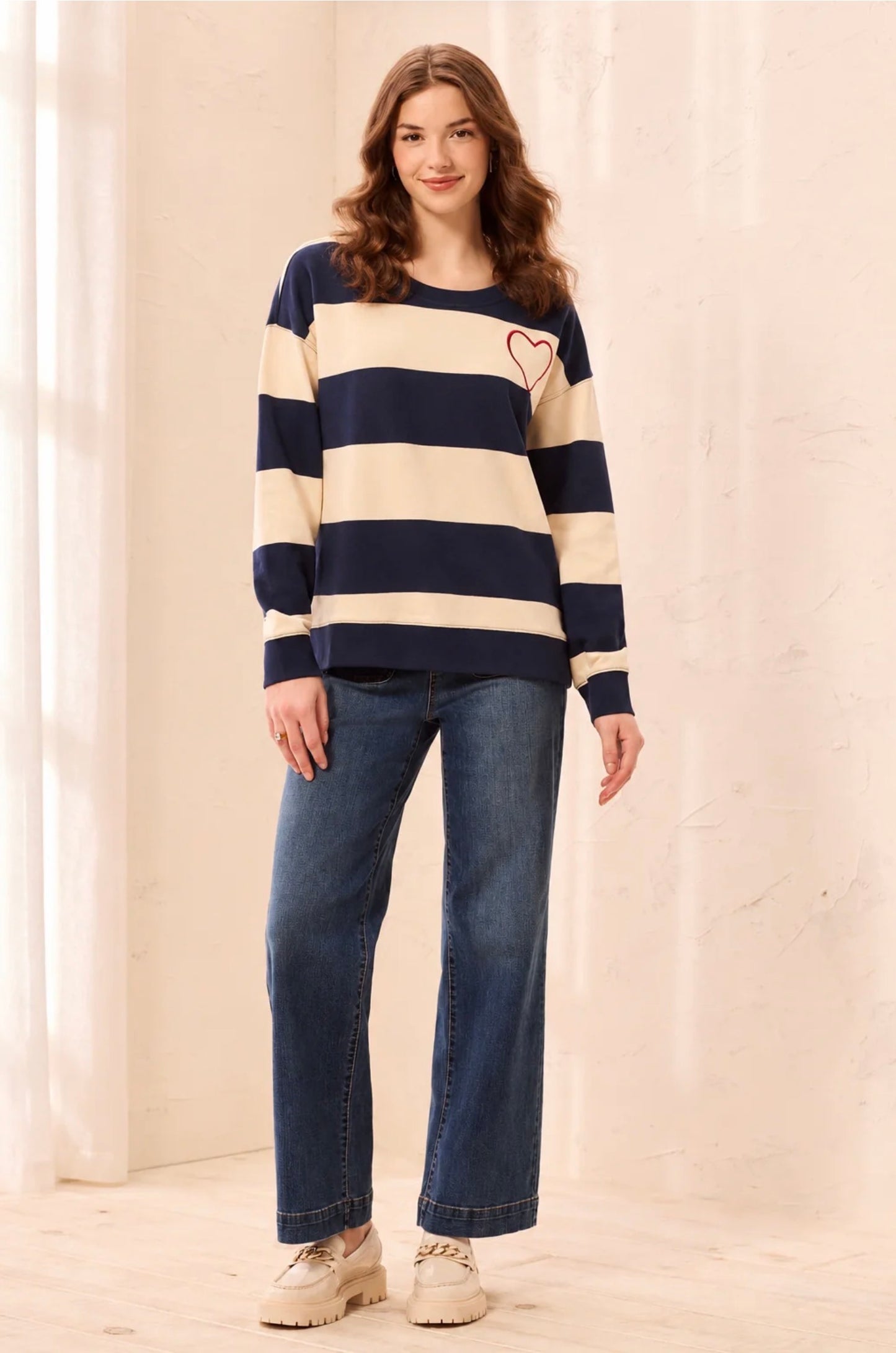 Tribal Heart Embroidered Stripe Sweatshirt