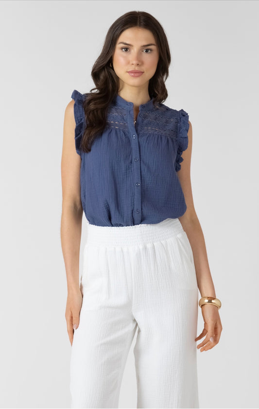 Dex Lace Insert Button Up Blouse Blue