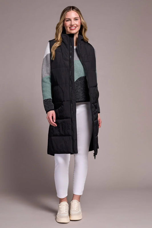 Tribal Long Zip-Front Quilted Vest Black